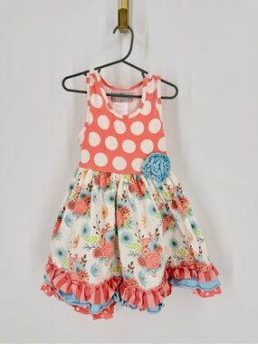 Serendipity Coral Polka Dot Floral Ruffle Dress